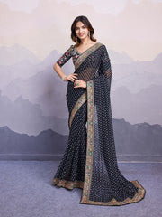 Classic Black Color Embroidery Work Saree