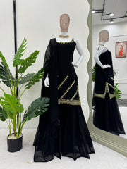 Imposing Georgette Black Color Full Stitched Sharara Suit