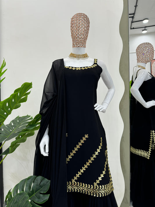 Imposing Georgette Black Color Full Stitched Sharara Suit