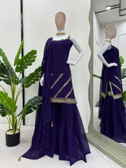 Imposing Georgette Purple Color Full Stitched Sharara Suit