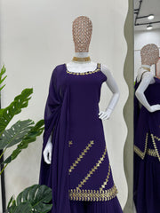 Imposing Georgette Purple Color Full Stitched Sharara Suit