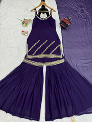 Imposing Georgette Purple Color Full Stitched Sharara Suit