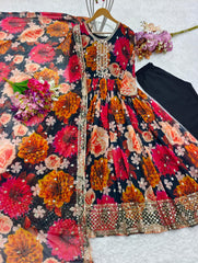 Peaceful Flower Print Embroidery Work Black Anarkali Gown