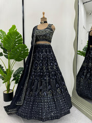 Georgette Party Wear Sequence With Thread Work Black Lehenga Choli