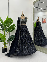 Georgette Party Wear Sequence With Thread Work Black Lehenga Choli