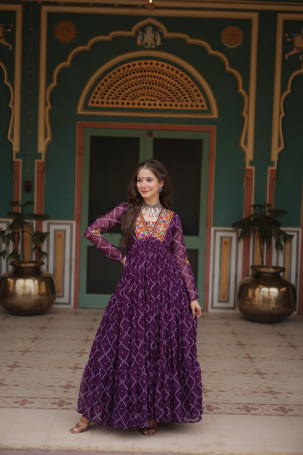 Navratri Wear Purple Color Bandhani Print Work Full Sleeve Gown