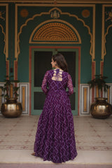 Navratri Wear Purple Color Bandhani Print Work Full Sleeve Gown