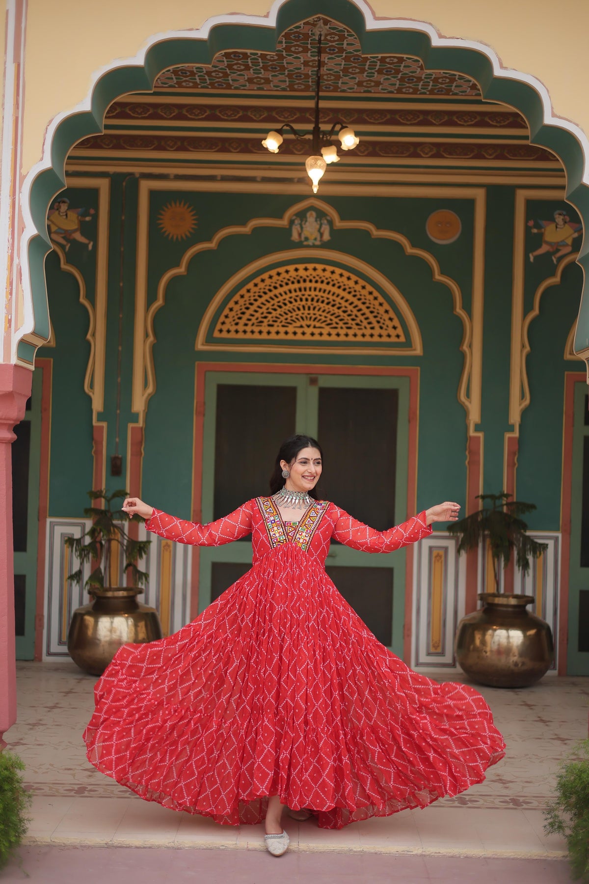 Navratri Wear Orange Color Bandhani Print Work Full Sleeve Gown