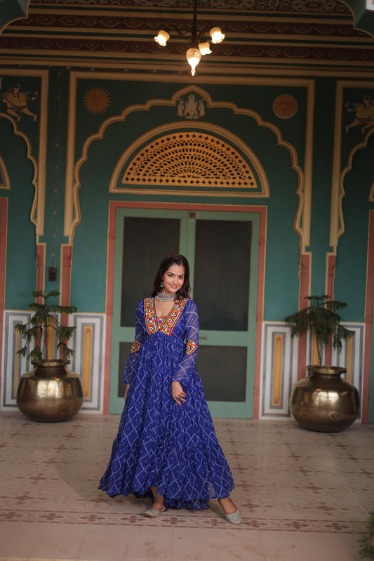 Navratri Wear Blue Color Bandhani Print Work Full Sleeve Gown