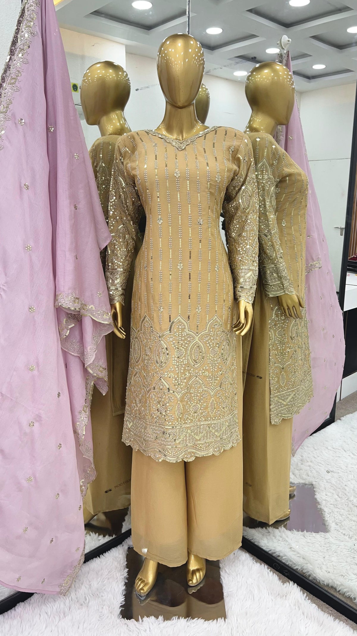 Attractive Chinnon Heavy Embroidery Work Beige Color Palazzo Suit