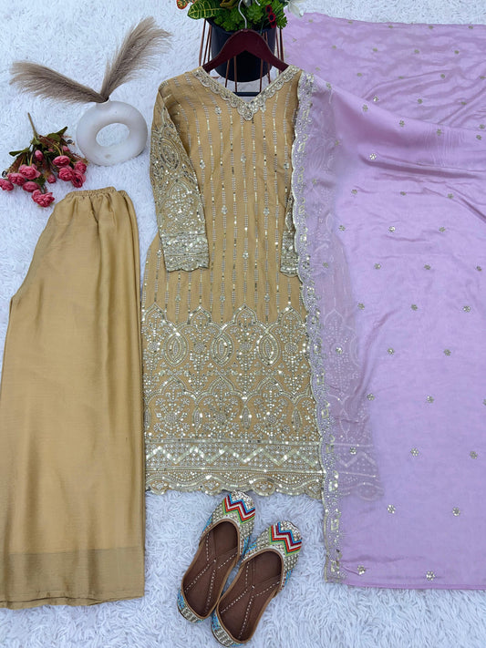 Attractive Chinnon Heavy Embroidery Work Beige Color Palazzo Suit