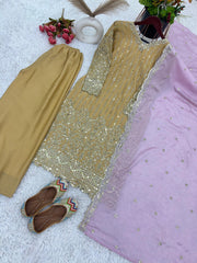 Attractive Chinnon Heavy Embroidery Work Beige Color Palazzo Suit