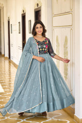 Fantastic Sky Blue Color Sequence Embroidery Work Gown