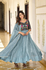 Fantastic Sky Blue Color Sequence Embroidery Work Gown