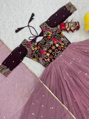 Fantastic Dusty Pink Color Sequence Embroidery Work Gown