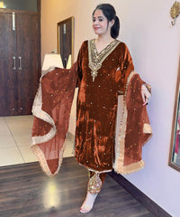 Delightful Coffee Color Embroidery Velvet Rivet Moti Work Suit