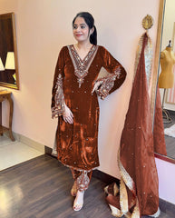 Delightful Coffee Color Embroidery Velvet Rivet Moti Work Suit