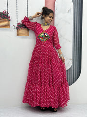 Beautiful Bandhani Gamthi Work Print Pink Color Gown