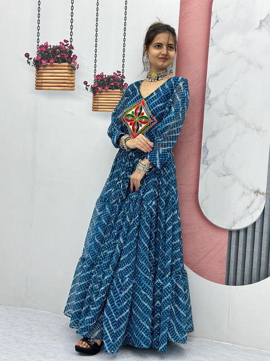 Beautiful Bandhani Gamthi Work Print Blue Color Gown