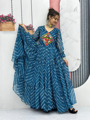 Beautiful Bandhani Gamthi Work Print Blue Color Gown