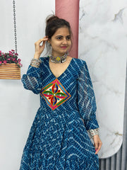 Beautiful Bandhani Gamthi Work Print Blue Color Gown