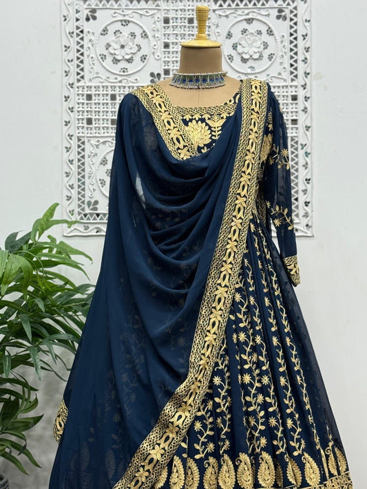 Pakistani Wear Blue With Maroon Color Georgette Lehenga With Gown