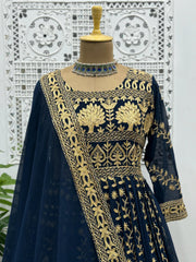 Pakistani Wear Blue With Maroon Color Georgette Lehenga With Gown