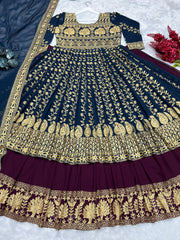 Pakistani Wear Blue With Maroon Color Georgette Lehenga With Gown