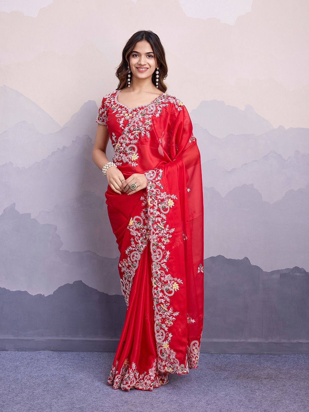 Wedding Wear Rangoli Silk Embroidery Butti Work Red Saree