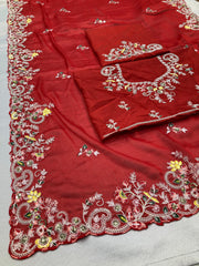 Wedding Wear Rangoli Silk Embroidery Butti Work Red Saree