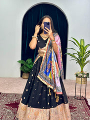 Function Wear Embroidery Work Black Color Lehenga Choli With Multi Dupatta