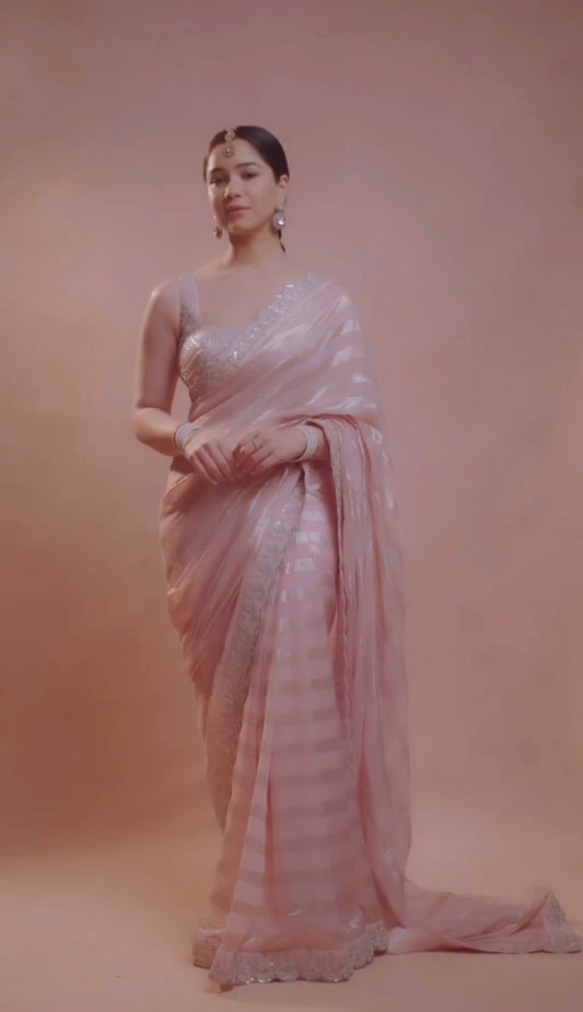 Charming Chiffon Zari Line Work Peach Color Saree