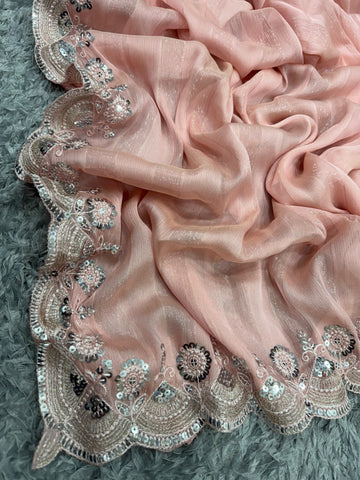 Charming Chiffon Zari Line Work Peach Color Saree