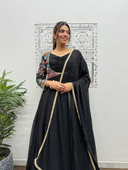 Glimmering Black Color Embroidery Work Georgette Long Gown