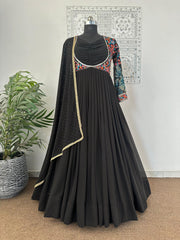 Glimmering Black Color Embroidery Work Georgette Long Gown