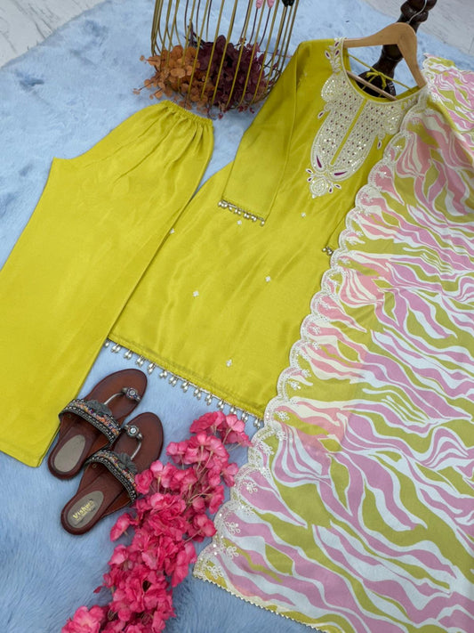 Wonderful Chinon Silk Lemon Color Sequence Work Salwar Suit