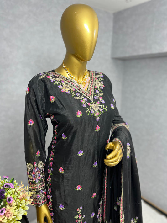 Exclusive Black Color Multi Thread Work Superhit Sharara Suit