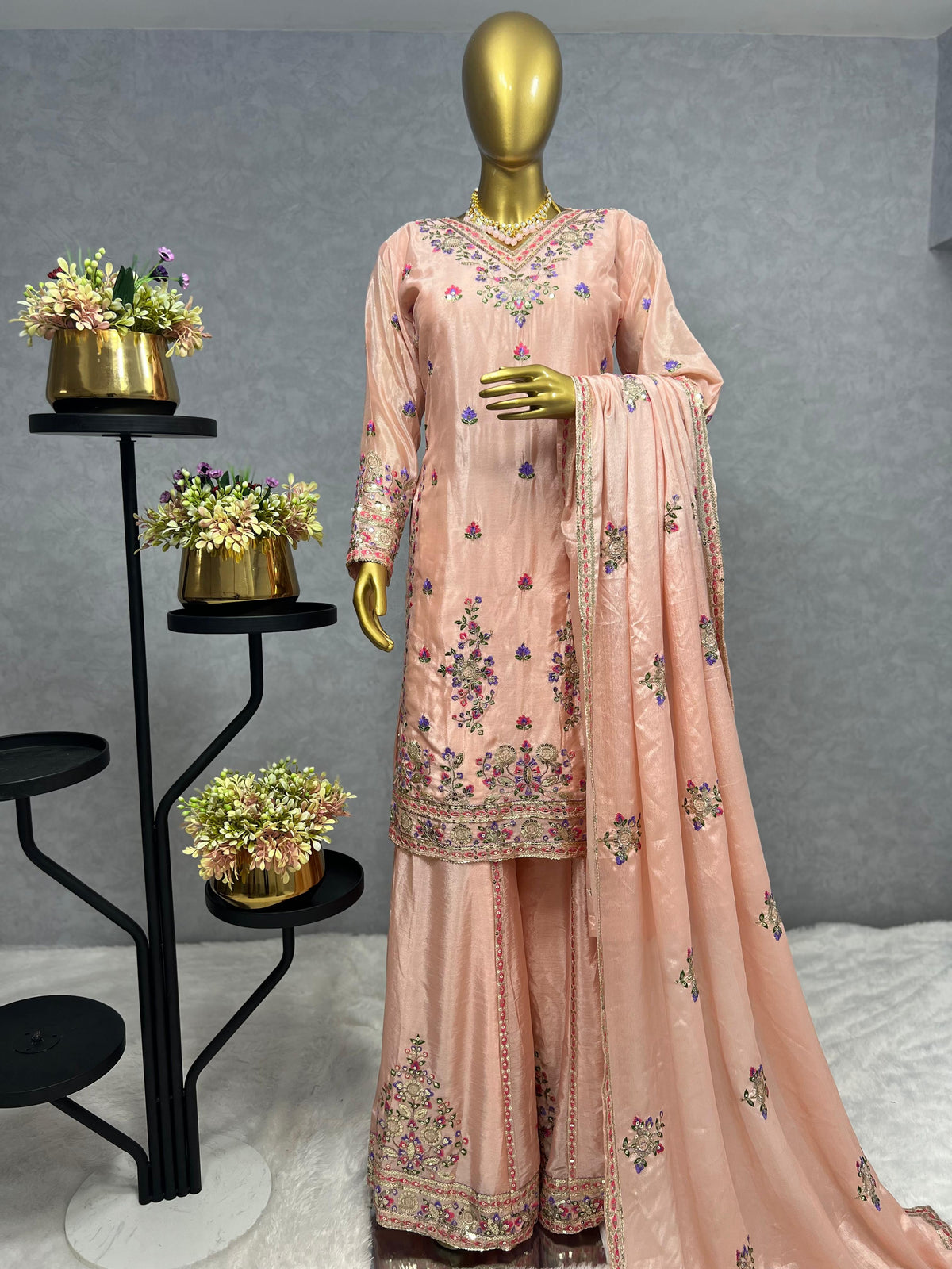 Exclusive Peach Color Multi Thread Work Superhit Sharara Suit