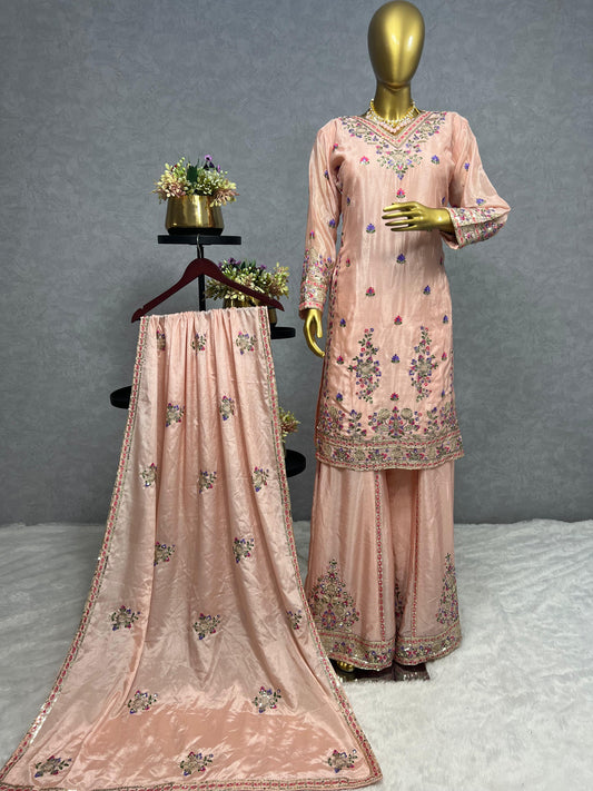 Exclusive Peach Color Multi Thread Work Superhit Sharara Suit