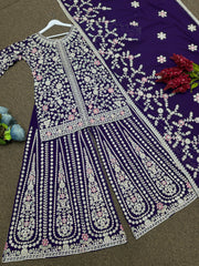 Attractive Embroidery Heavy Stone Hand Work Purple Color Sharara Suit