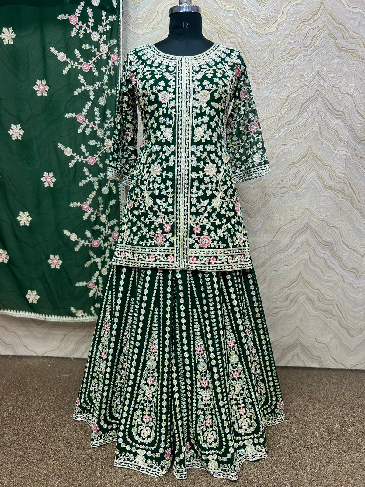 Attractive Embroidery Heavy Stone Hand Work Green Color Sharara Suit