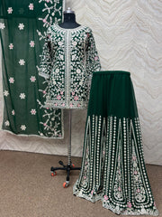 Attractive Embroidery Heavy Stone Hand Work Green Color Sharara Suit