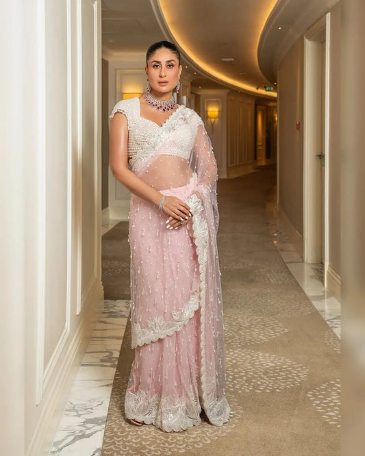 Karina Kapoor Peach Color Butterfly Net Sequence Work Saree