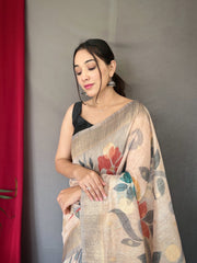 Fantastic unique design Off White Color Floral Katha Saree