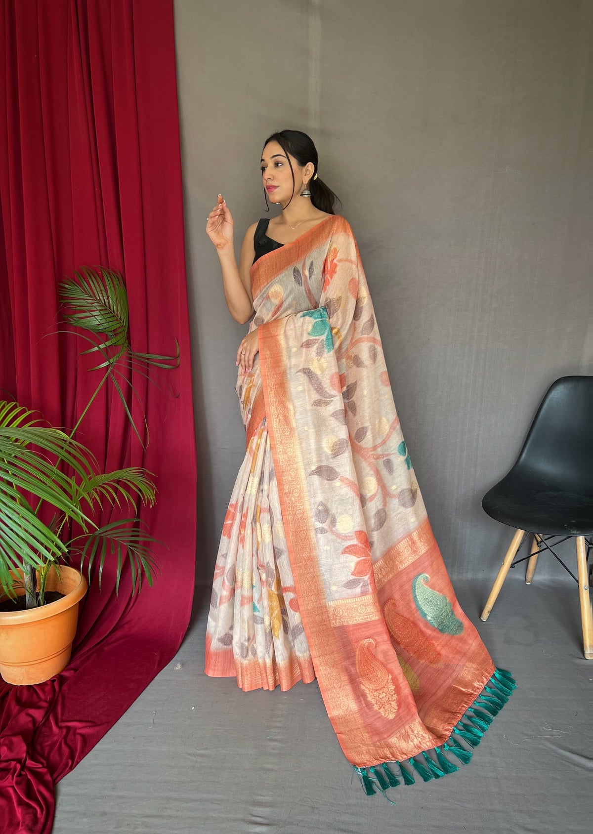 Fantastic unique design Orange Color Floral Katha Saree