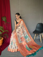 Fantastic unique design Orange Color Floral Katha Saree