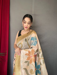 Fantastic unique Design Mustard Color Floral Katha Saree