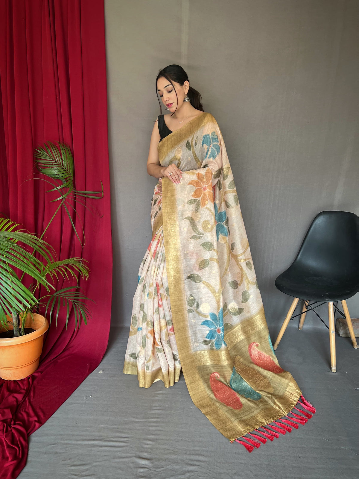 Fantastic unique Design Mustard Color Floral Katha Saree