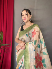 Fantastic unique Design Perrot Color Floral Katha Saree