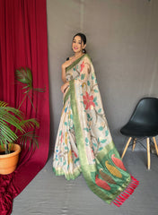 Fantastic unique Design Perrot Color Floral Katha Saree